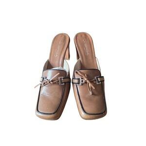Via Spiga Italian Leather Mule Heels Brown‎ Square Toe Slip On Size 7.5